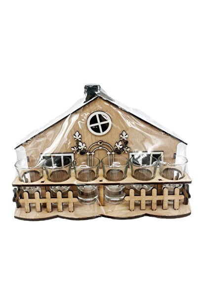 velve Minibar Package, wooden stand shaped like a house with a bottle, 6 glasses, Grappa Bottega Fume, Brown