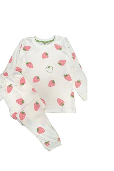 elmas kids KIZ ÇOCUK PİJAMA TAKIMI BEYAZ KÜÇÜK ÇİLEK