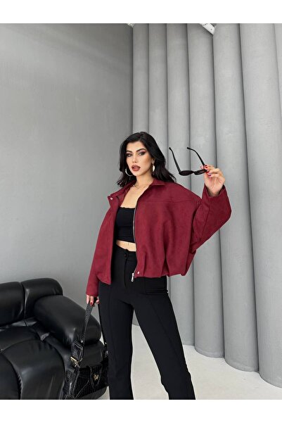 GM Butikk سترة نسائية من جلد الغزال ذات ملمس مميز بسحاب، جاكيت نسائي