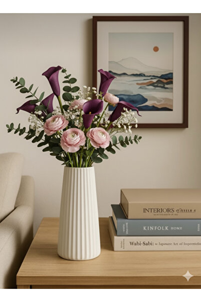 VONEDA Modern Dekorasyon İçin Beyaz Çizgili Şık Beton Çiçek Vazo – Minimalist...