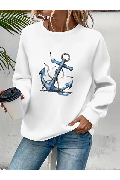 SVART WEAR Sweatshirt oversize cu gât crew, imprimat, cu trei fire, cu textur...