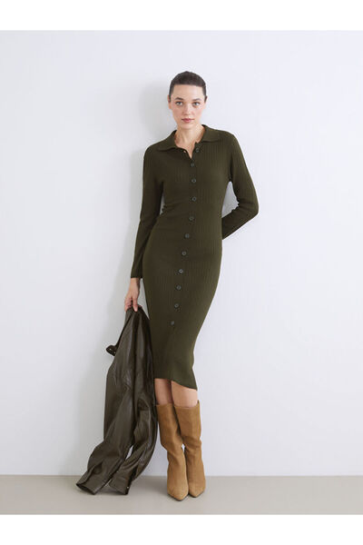 LC Waikiki Χακί πλεκτό φόρεμα με λαιμόκοψη πόλο