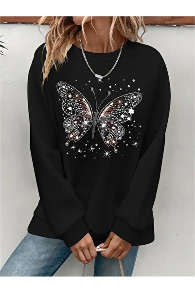 SVART WEAR Sweatshirt oversize cu gât crew, imprimat, cu trei fire, cu textur...