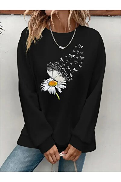 SVART WEAR Sweatshirt oversize cu gât crew, imprimat, cu trei fire, cu textur...