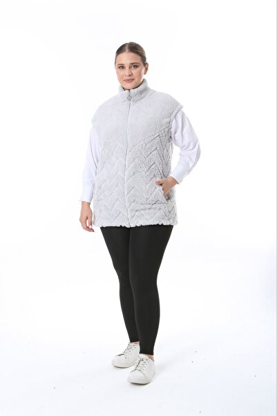 xlargebutik Plus Size Clothing Gray Stand-Up Collar Vest Warm Soft Plush Fleece