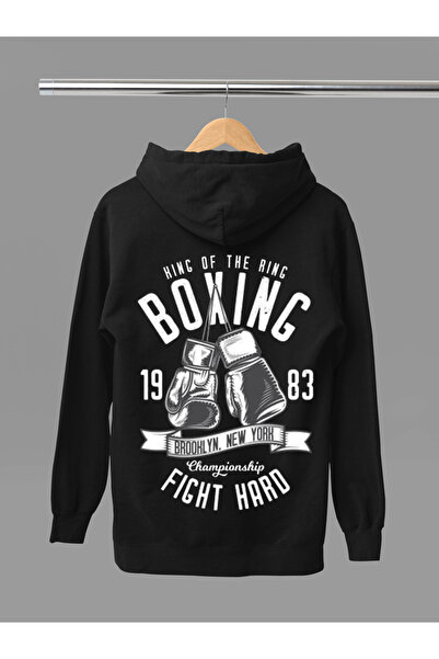 MAGORS Hanorac de box din bumbac cu mânecă lungă, cu glugă, cu 3 fire, cu imprimeu de box