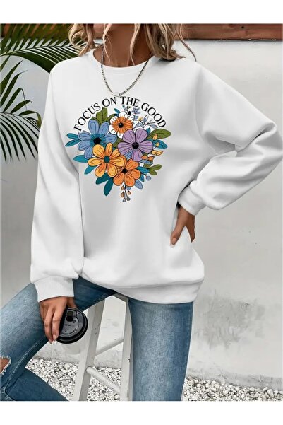 SVART WEAR Sweatshirt oversize cu gât crew, imprimat, cu trei fire, cu textur...