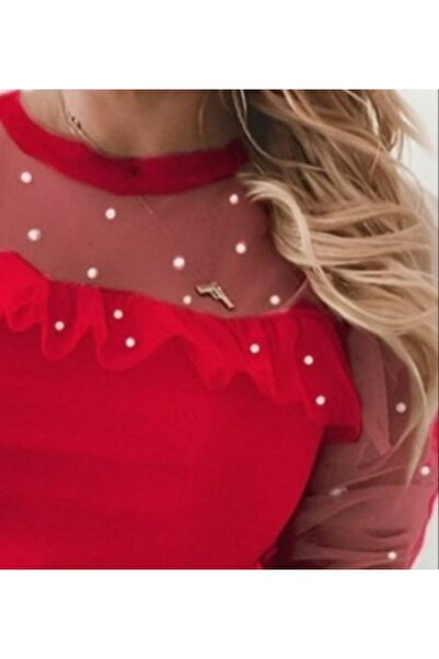 JANES Woman's long sleeve pearl detailed tulle viscose blouse