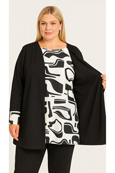 HÜLYA BUTİK Women's Plus Size Black Jacket with Black and White Patterned Blouse Inside