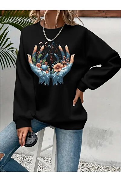 SVART WEAR Sweatshirt oversize cu gât crew, imprimat, cu trei fire, cu textur...