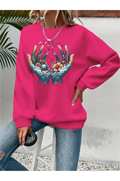 SVART WEAR Sweatshirt oversize cu gât crew, imprimat, cu trei fire, cu textur...