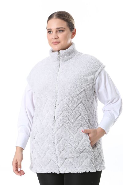 xlargebutik Plus Size Clothing Gray Stand-Up Collar Vest Warm Soft Plush Fleece