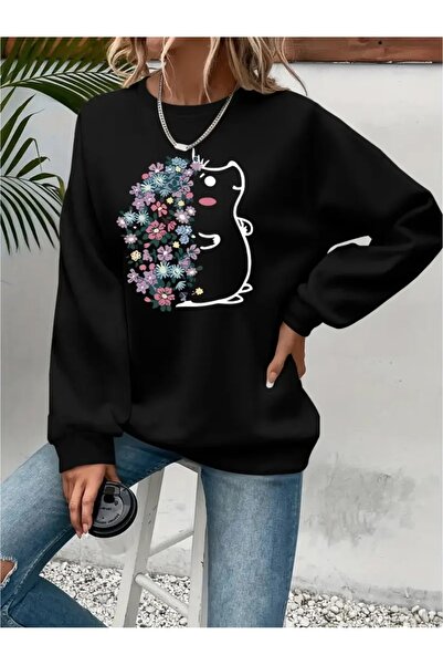 SVART WEAR Sweatshirt oversize cu gât crew, imprimat, cu trei fire, cu textur...