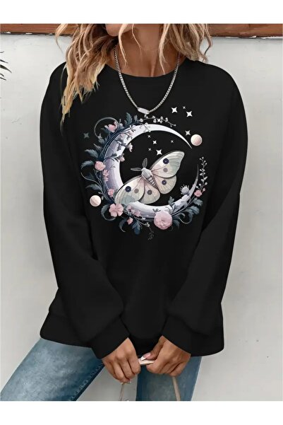 SVART WEAR Sweatshirt oversize cu gât crew, imprimat, cu trei fire, cu textur...