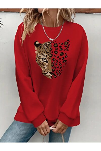 SVART WEAR سترة رياضية مطبوعة بياقة دائرية وحجم كبير مصنوعة من ثلاث خيوط مع ت...