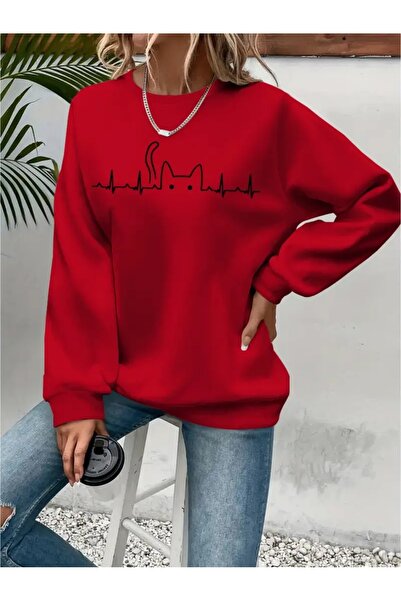 SVART WEAR Sweatshirt oversize cu gât crew, imprimat, cu trei fire, cu textur...