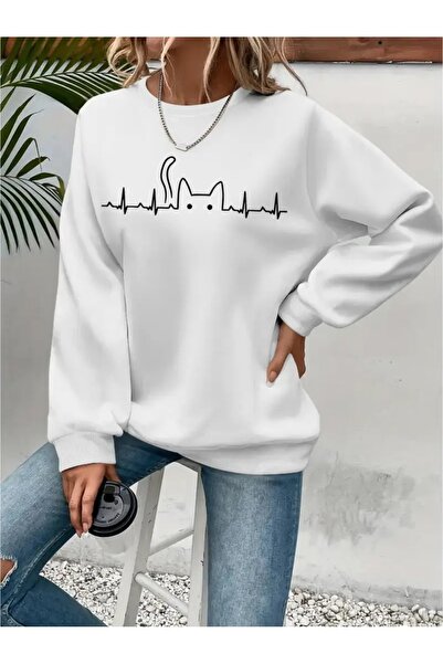 YUNAYT سترة رياضية مطبوعة بياقة دائرية وحجم كبير مصنوعة من ثلاث خيوط مع تطريز...