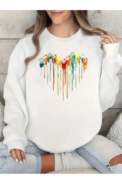 YUNAYT Sweatshirt oversize cu gât crew, imprimat, cu trei fire, cu textură ch...