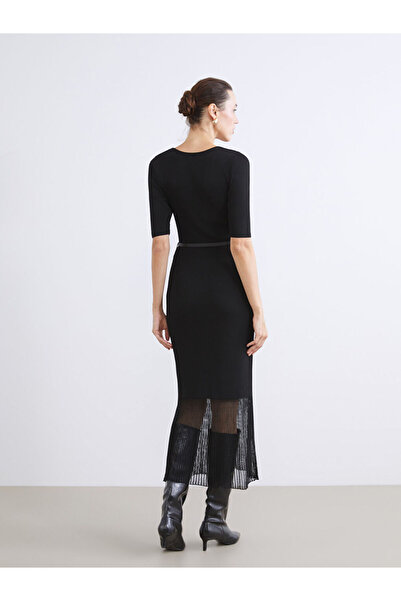 LC Waikiki Black U-Neck Ribbed Belted Dress