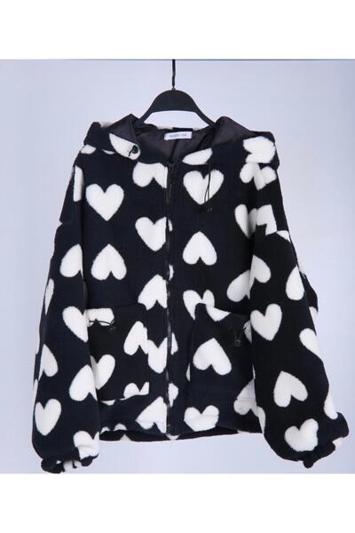 VERA LİFE BEYAZ SİYAH KAPÜŞONLU FERMUARLI KADIN KALPLİ SWEAT MONT