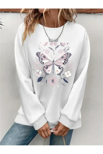 SVART WEAR Sweatshirt oversize cu gât crew, imprimat, cu trei fire, cu textur...