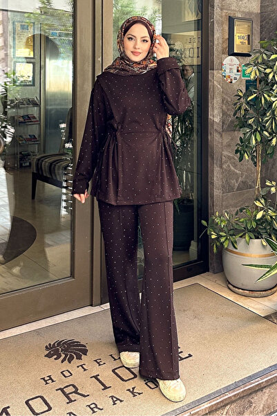 Miraydın Butik Γυναικείο Σετ Πέτρινο Τούνελ Λεπτομερές 41448 - Καφέ