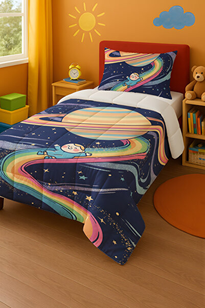 Viadela Colorful Rainbow and Planet Themed Space Quilt