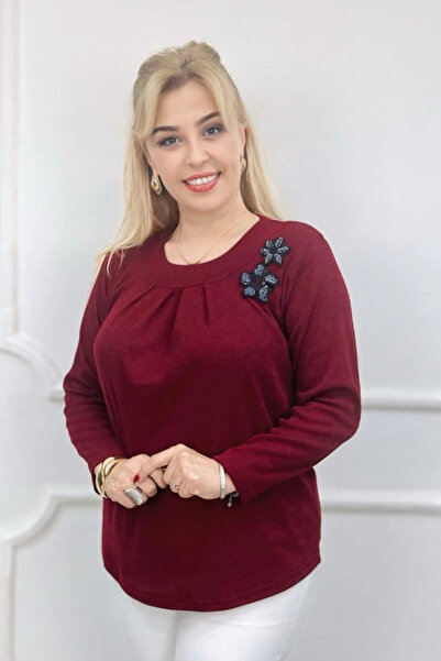 Bİ.GİYSEN Γυναικείο μπλουζάκι μπορντό με λαιμόκοψη μεγάλου μεγέθους με πλισέ γιακά ελαστικό ύφασμα Thin Tiriko Buluz