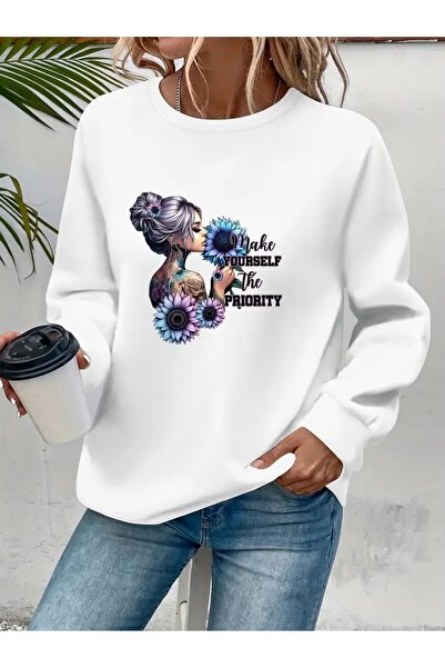 SVART WEAR Sweatshirt oversize cu gât crew, imprimat, cu trei fire, cu textur...