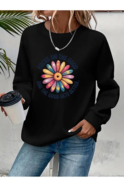 SVART WEAR Sweatshirt oversize cu gât crew, imprimat, cu trei fire, cu textur...