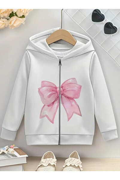 Baxia Girl's Heart Printed Hooded Cardigan Sweatshirt with Zipper White Color...