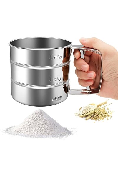 Generic Flour sifter (flour sieve) made of stainless steel, used in baking and cooking.