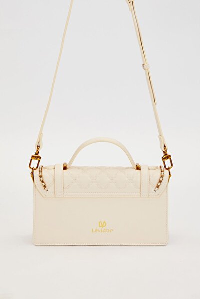 Levidor Krem Kemer Detaylı Baklava Desenli Omuz Çantası Suni Deri Gold Zincir Tokalı Kadın Çantası