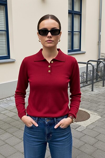 CHUBA Kadın Yumuşak Dokulu Gold Düğmeli Polo Yaka Triko Kazak Kırmızı 25W3012