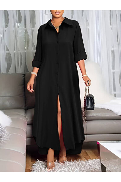 JANES Γυναικείο μακρυμάνικο πέτο μπροστινό μακρύ υφαντό φόρεμα με κουμπιά