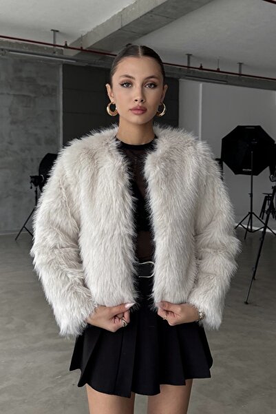 Moderk ZR İthal Premium Kalite Beyaz Yakasız Kürk Kadın Mont Ceket Kaban