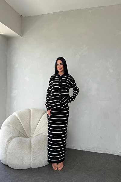 LİLA İSTANBUL Crew Neck Buttoned Front Striped Knit Dress (Standard Size S/M/L/Xl Compatible)