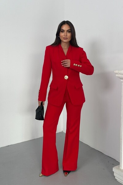 spirituel Kadın İkili Takım Şık Düğme Detaylı Dik Yaka Blazer Ceket Bol Paça Pantolon Takım