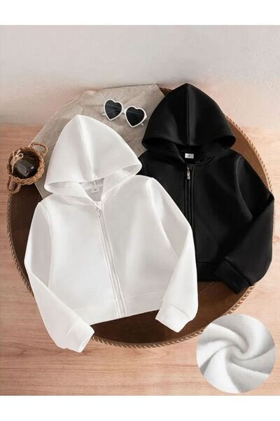 Baxia KıZ-ERKEK Çocuk BASKISIZ Kapşonlu Hırka Sweatshirt FERMUARLI BEYAZ SİYA...