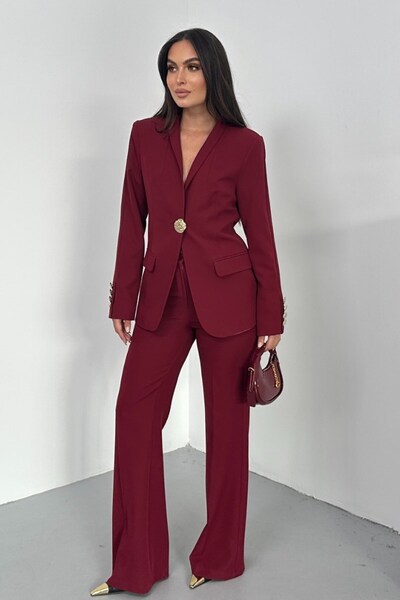 spirituel Women's Two-Piece Suit Stylish Button Detail Stand Collar Blazer Jacket Wide Leg Pants Set