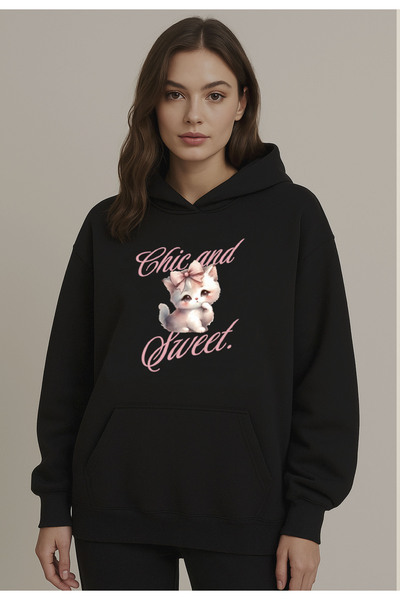 Advantage Hanorac supradimensionat cu glugă cu design elegant și dulce de pisică