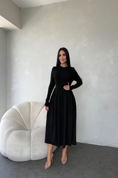 LİLA İSTANBUL Bisiklet Yaka Pileli Triko Elbise ( Standart Beden S/M/L/XL Uyumlu)