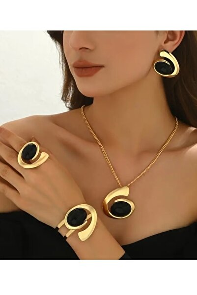 BirYıldızOl Big Black Stone Gold Retro Jewelry Set Necklace Ring Bracelet Earrings Set