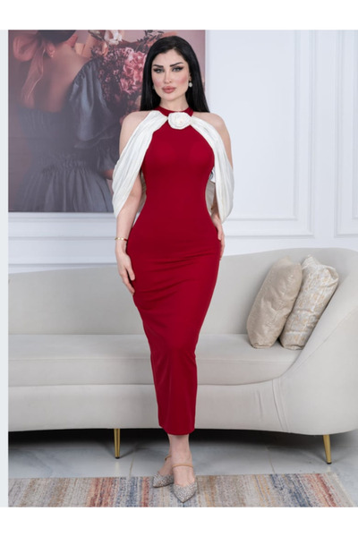 TREN Red Halter Midi Dress with White Draped Cape - Crepe Evening Cocktail Party Formal Wear