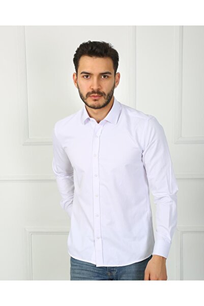 PİERLES Λεπτή εφαρμογή Λευκό ανδρικό πουκάμισο με μακριά μανίκια