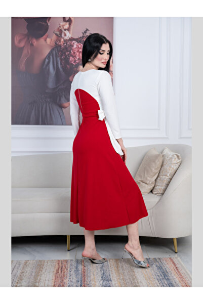 TREN Women's Elegant Midi Dress - Red White Color Block with Waist Tie and Stone Detailing