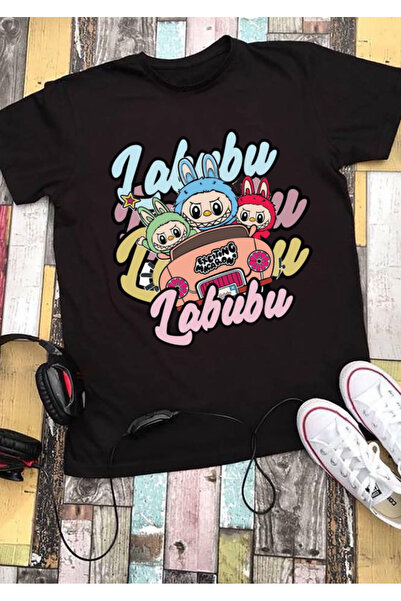 RYO FASHİON Labubu Multi T-Shirt 100% Cotton Black Short Sleeve Model-10