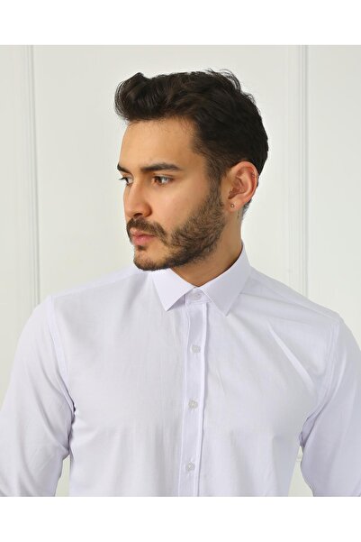 PİERLES Λεπτή εφαρμογή Λευκό ανδρικό πουκάμισο με μακριά μανίκια