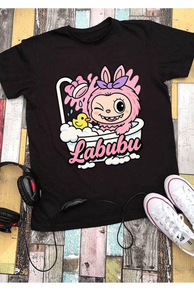 RYO FASHİON Labubu Multi T-Shirt 100% Cotton Black Short Sleeve Model-10