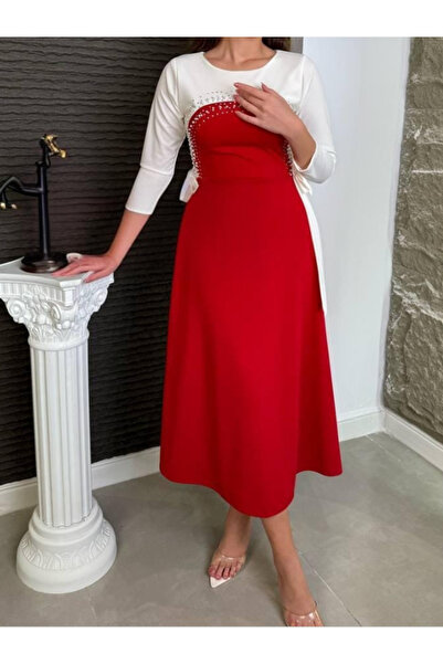 TREN Color Block Midi Dress with Pearl Embellishments - Belted Waist Elegant Evening Dress